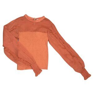 Sam Edelman Rust Ribbed Knit Top Women's XS Sheer Balloon Sleeves Romantic Boho